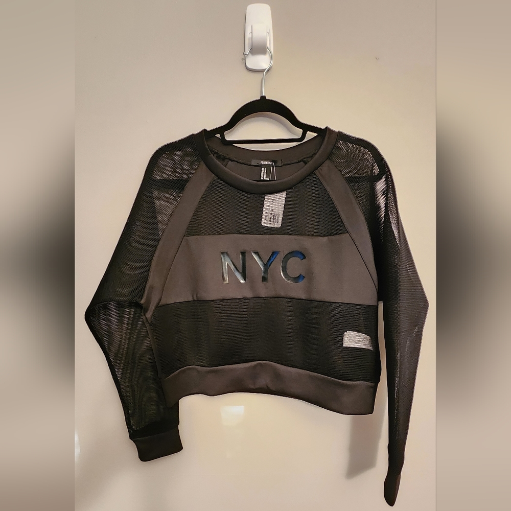 NWT Forever 21 NYC Black Mesh Sheer Long Sleeve Pull-Over Sweater
